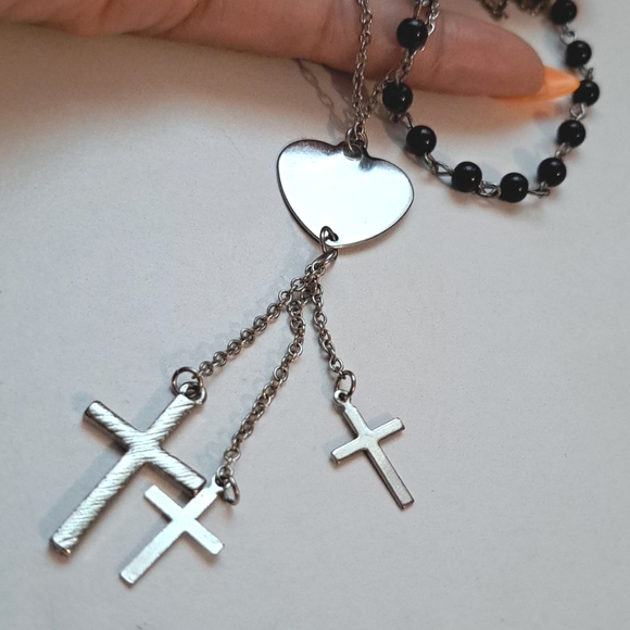 Silver Heart Cross Necklace With Black Beads - Picture 5 of 8